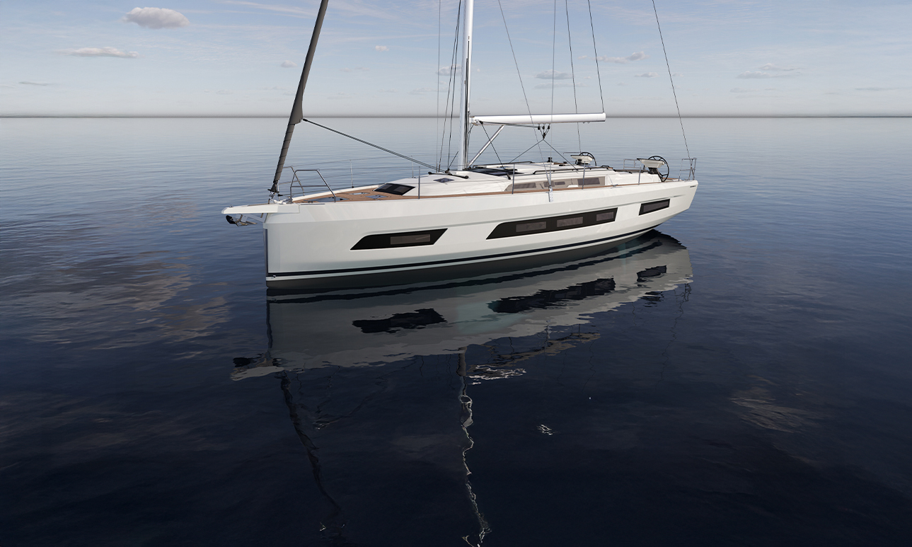 Zijaanzicht van de Dufour 41 zeilboot van PWRD Yacht op kalm water, gebruikt voor zakelijke zeildagen en exclusieve teamuitjes in Zeeland.